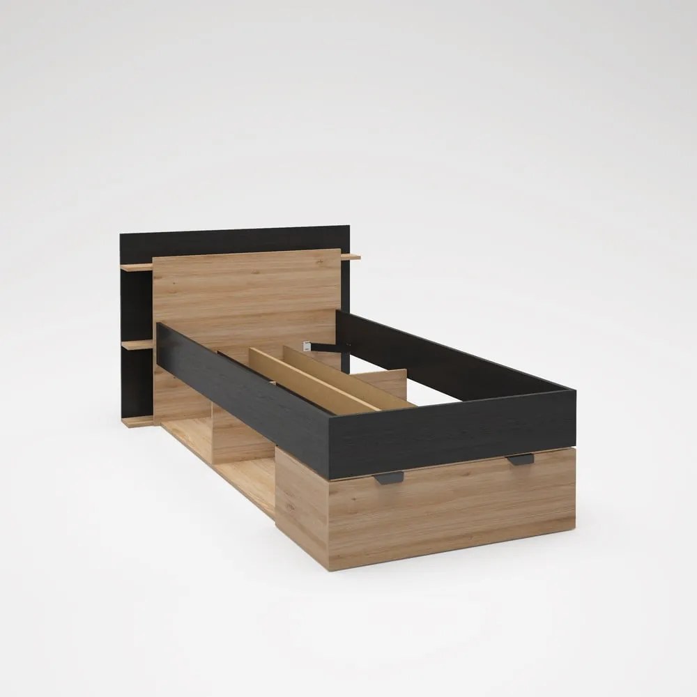 Jednolôžková posteľ v dekore duba s úložným priestorom bez roštu v čierno-prírodnej farbe 90x200 cm Albo – Marckeric