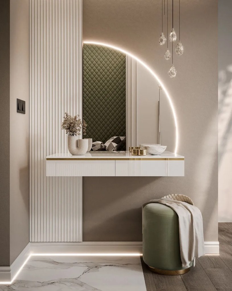 TOALETNÝ STOLÍK NESSIE BIELY LESK PRAVÝ + ZRKADLO POLMESIAC LED