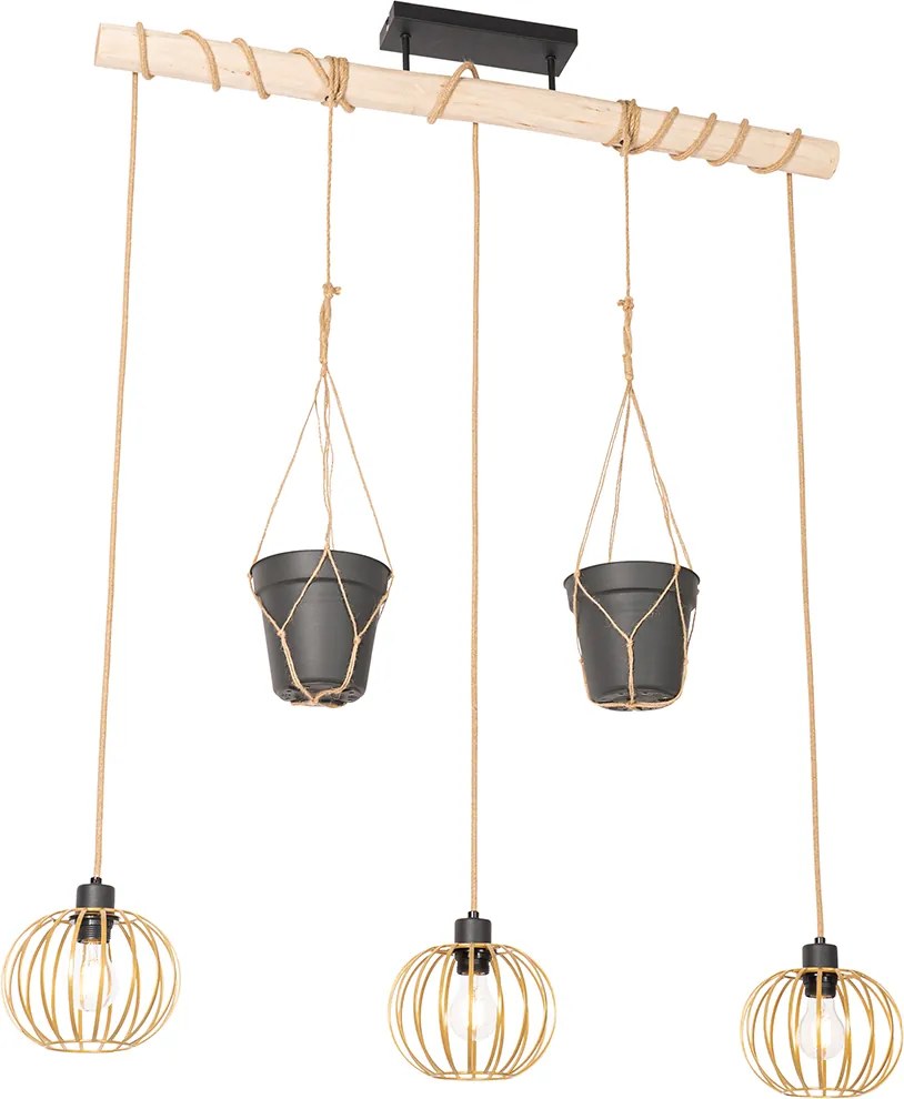 Rustikálny závesný luster zlatý s drevom 3-svetlo - Yura