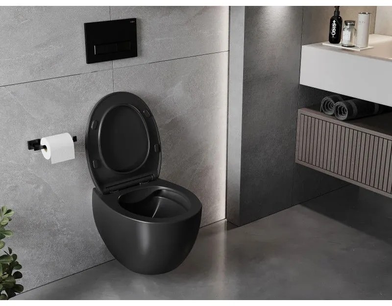 Mexen Egg, závesná WC misa Rimless s duroplastovým sedátkom s pomalým zatváraním, čierna matná, 30245070