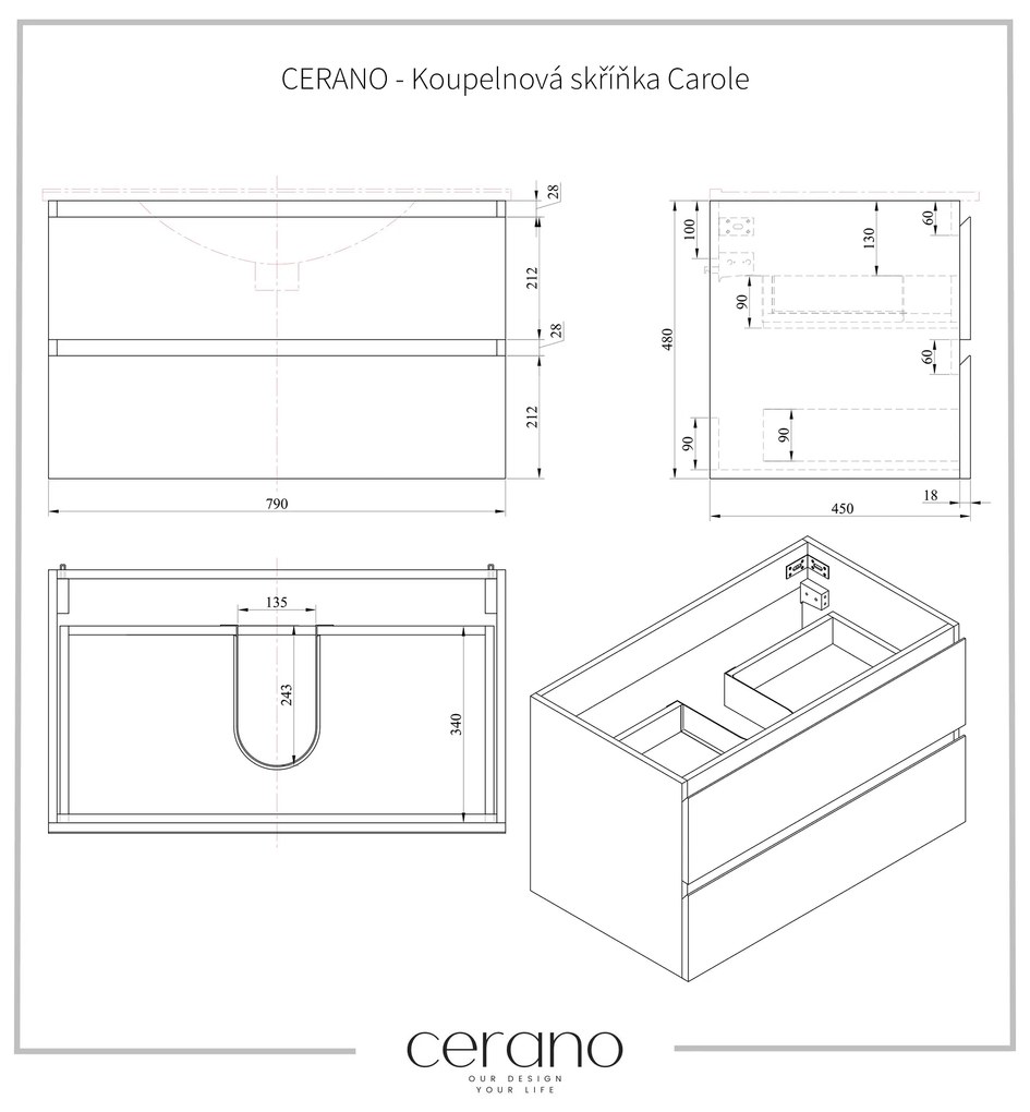 CERANO - Kúpeľňová skrinka Carole s doskou pod umývadlo - čierna matná - 80x49, 8x46 cm, CER-CER-476390