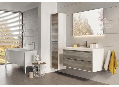 Kúpeľňový nábytkový set Evora 120 cm s keramickým umývadlom 2 otvormi na kohúty dub Nebraska a zrkadlovou skrinkou