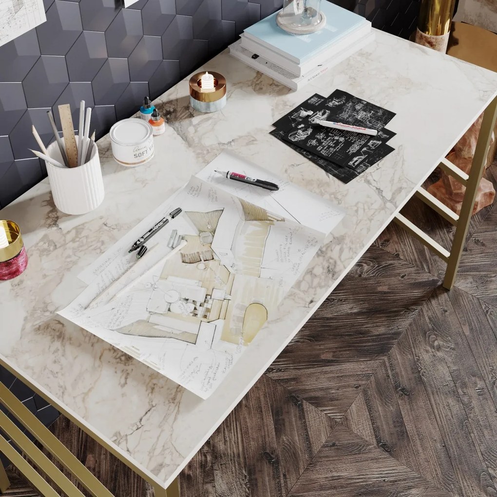 Písací stôl TUNA biely mramor/zlatý