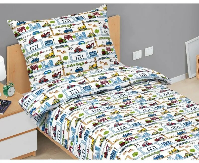 Bellatex Detské bavlnené obliečky Junior Mesto City zelená, 140 x 200, 70 x 90 cm