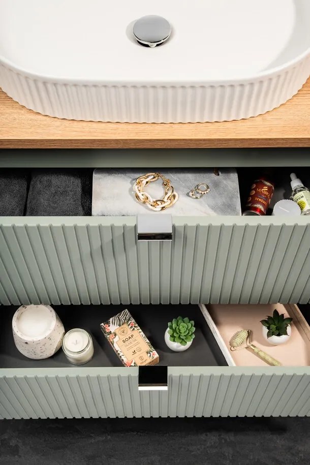 Závesná skrinka pod umývadlo Line trstinová zelená s doskou 80 cm zelená/dub casella