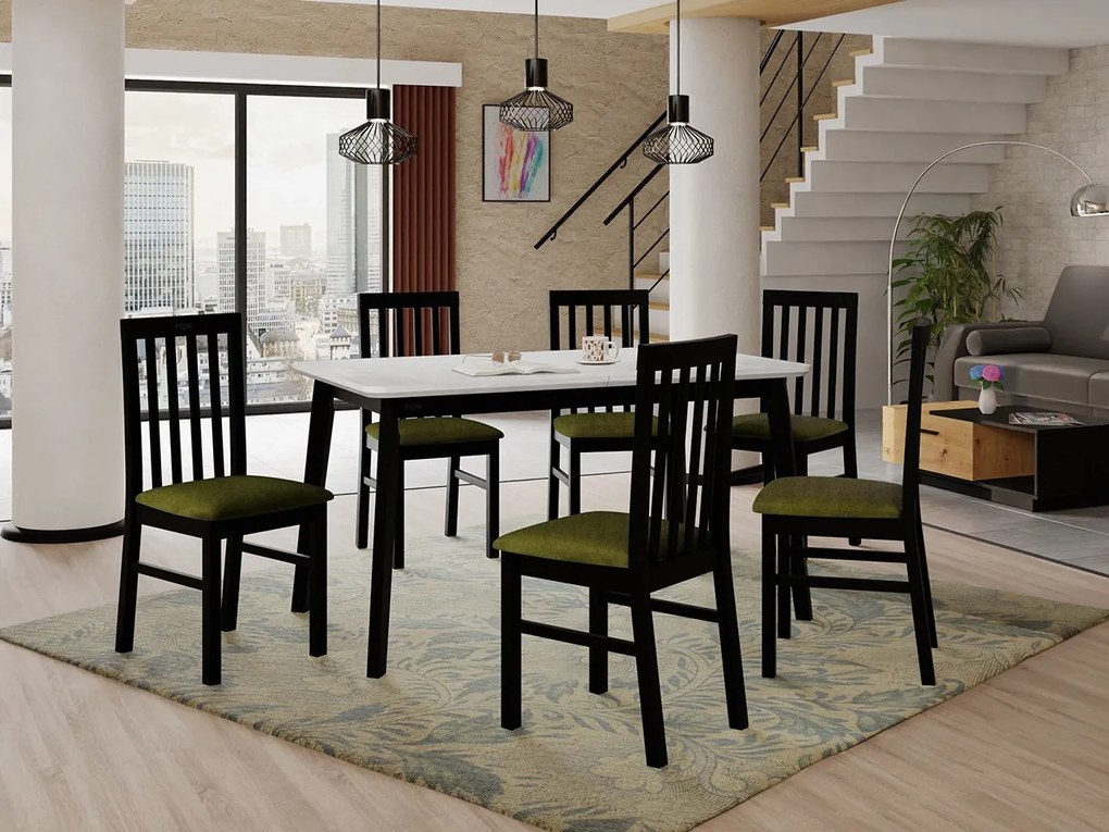 Rozkladací stôl so 6 stoličkami AL16, Morenie: biela, Poťahové látky: Hygge D91, Farby nožičiek: čierna