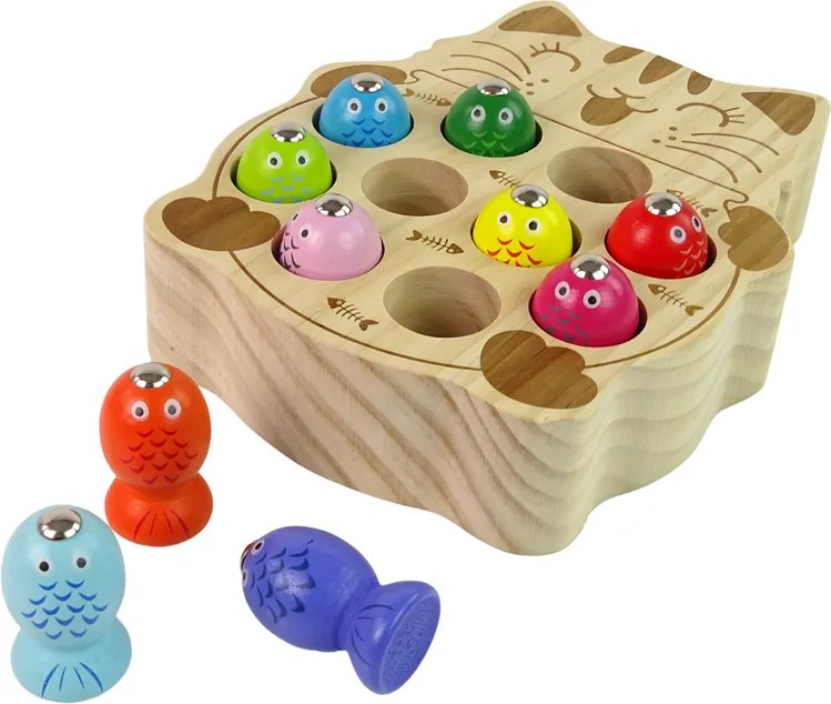 LEAN Toys Drevená hra na zručnosť chytanie rybičiek 2 prúty mačiatko