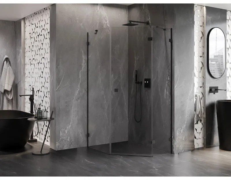 Mexen Lunar, pravý výklopný päťuholníkový sprchový kút 90 x 100 cm, 8mm číre sklo, čierny profil, 831-090P-100L-70-00-P