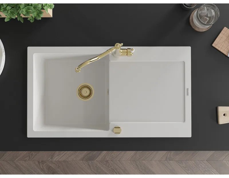 Mexen Leo, granitový drez 900x500x190 mm, 1-komorový a drezová batéria Carla, biela, 6501-20-670700-50
