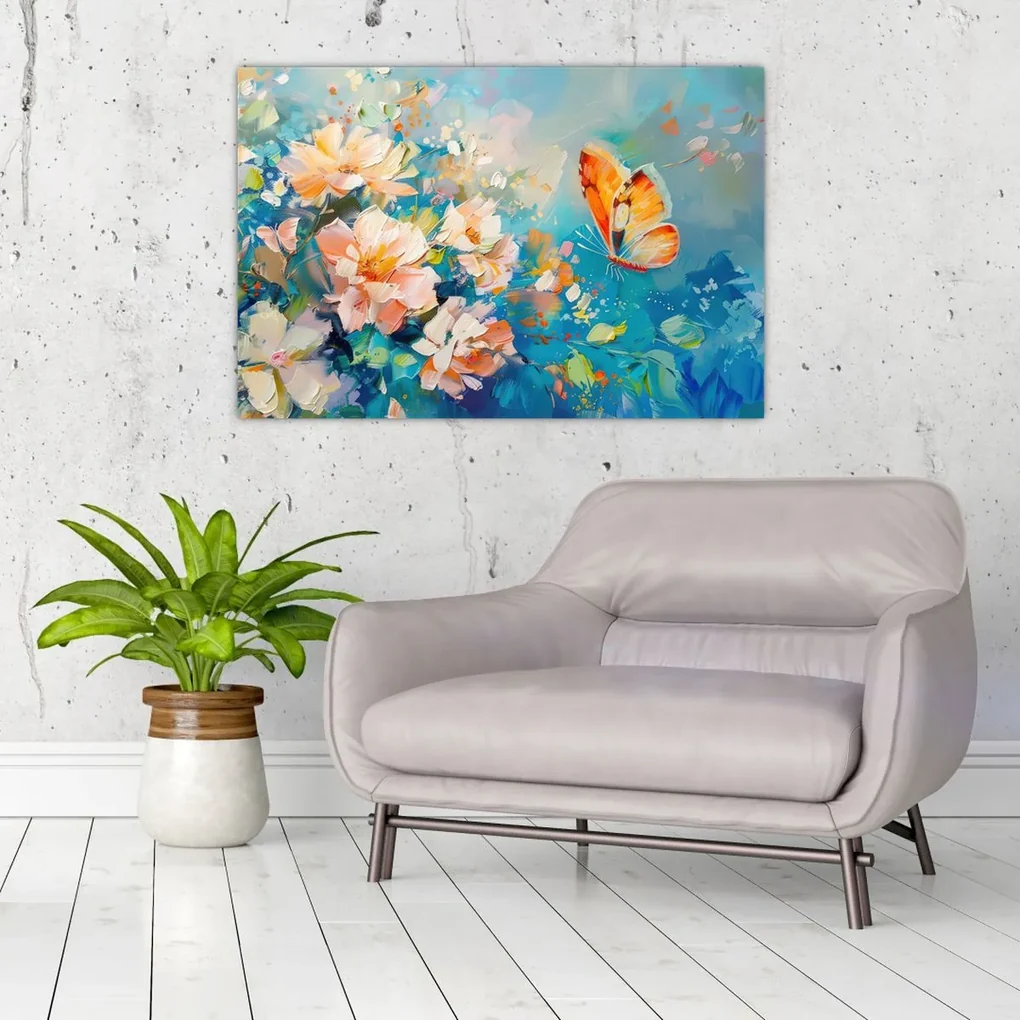 Obraz - Motýľ a kvety, olejomaľba II. (90x60 cm)