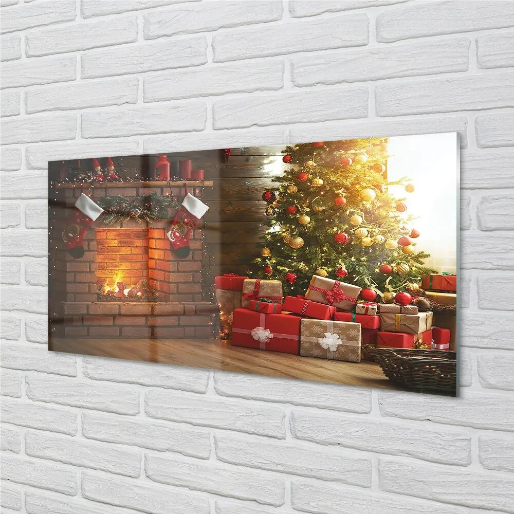 Sklenený obraz Krb Vianočné darčeky 100x50 cm