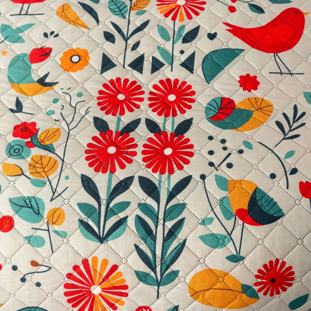 Prehoz na posteľ so vzorom RETRO VTÁČIK farebný Rozmer: 220 x 240 cm