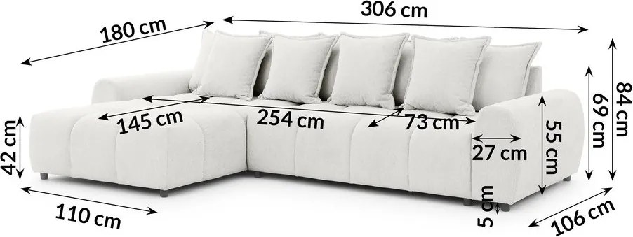 Biela rohová pohovka (ľavý roh/s leňoškou) Albane – Ropez