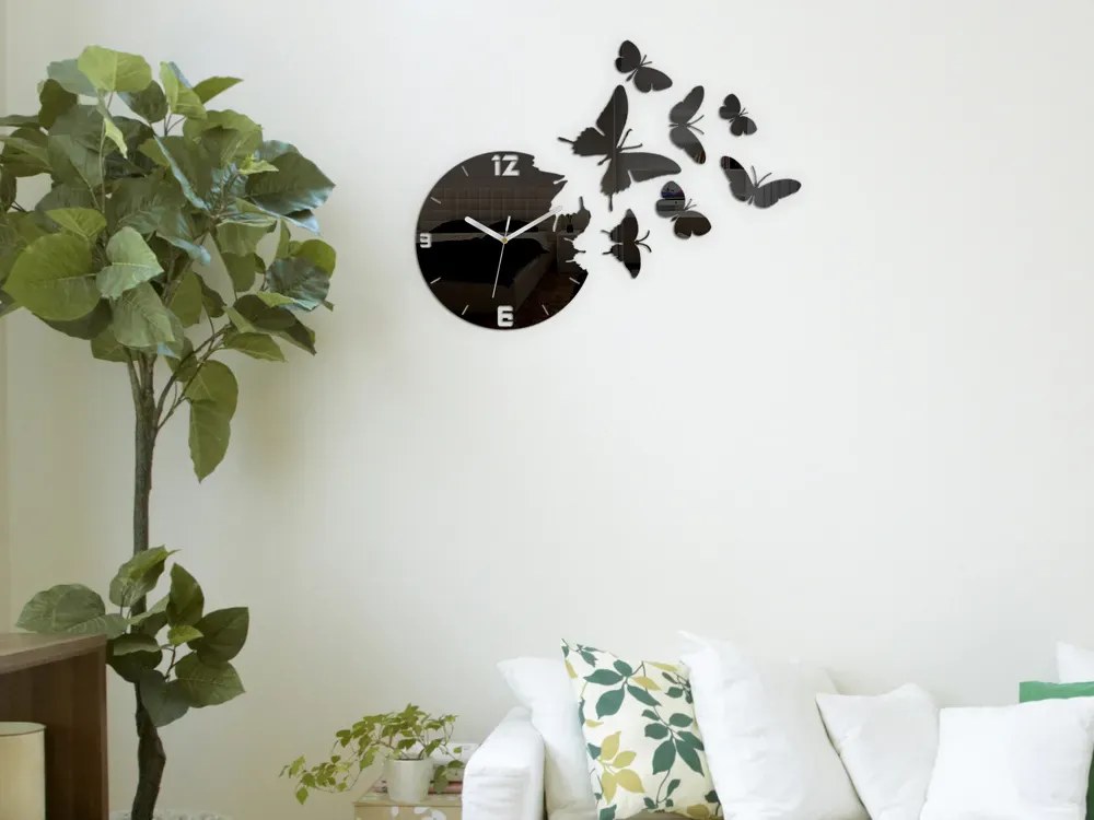 Nástěnné samolepící hodiny Motýl 28 cm černé