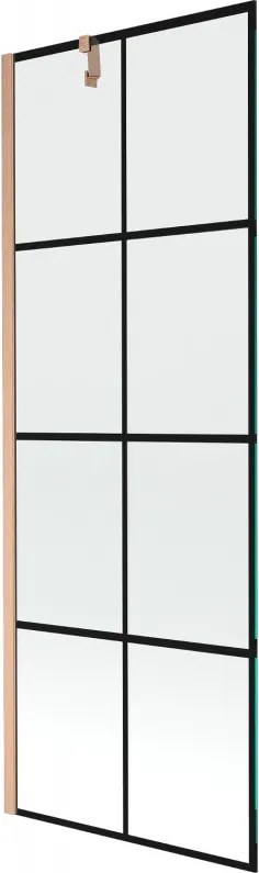 Mexen Next, 1-krídlová vaňová zástena 70 x 150 cm, 6mm číre sklo - čierny vzor, medená matná, 895-070-000-00-70-77