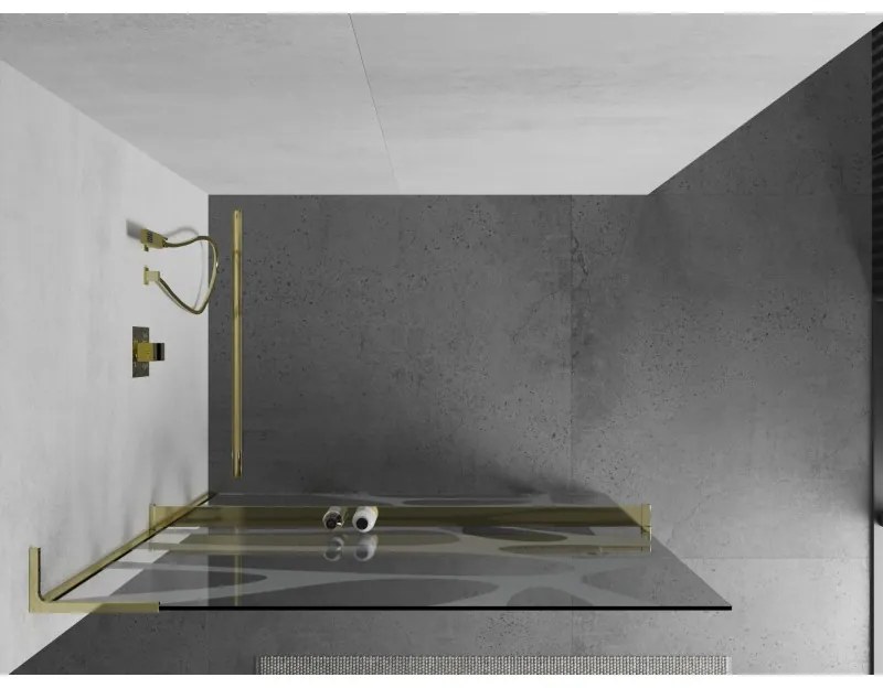 Mexen Kioto+ L, sprchová zástena Walk-In s poličkou a vešiakom 120 x 200 cm, 8mm číre sklo biely vzor, zlatý lesklý profil,800-120-123-50-97