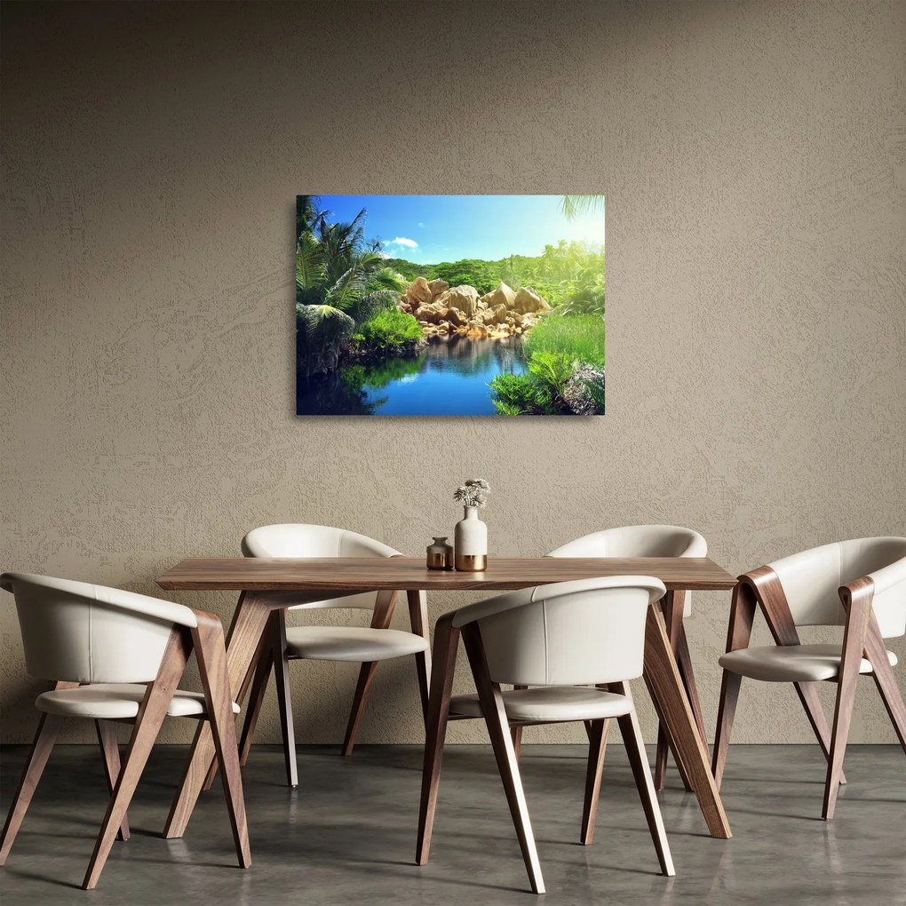 Sklenený obraz jazera v Seychelskej džungli (70x50 cm)