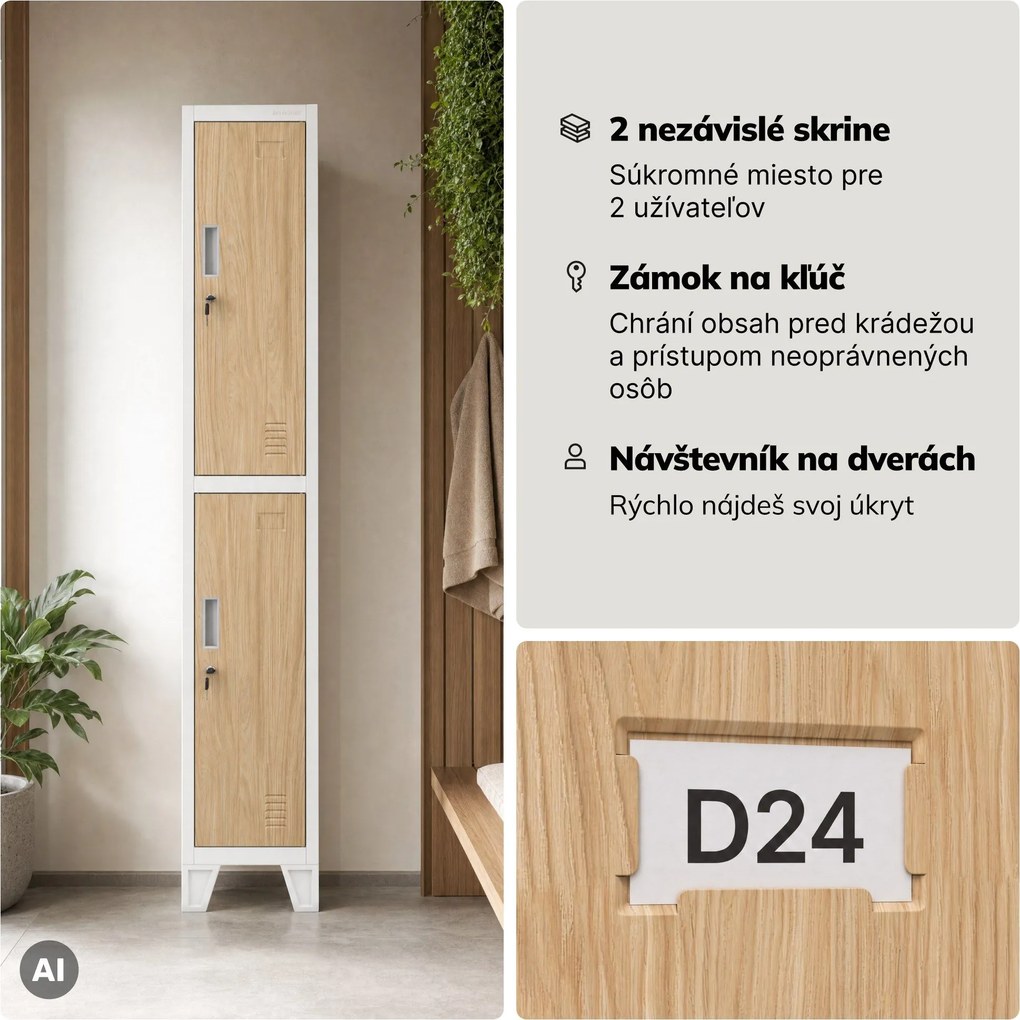 Šatníková skrinka kovová pracovná hlboká 2-dverová biela/dub sonoma, 292x1720x600 mm: BARTEK 1 Plus D600 Eco Design