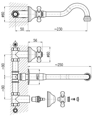 RAV Slezák MK131SM - Umývadlová batéria pre podomietkovú inštaláciu MORAVA RETRO mosadz