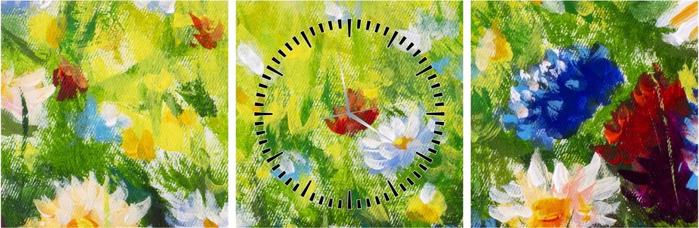 Obraz rozkvitnutej lúky, olejomaľba (s hodinami) (90x30 cm)