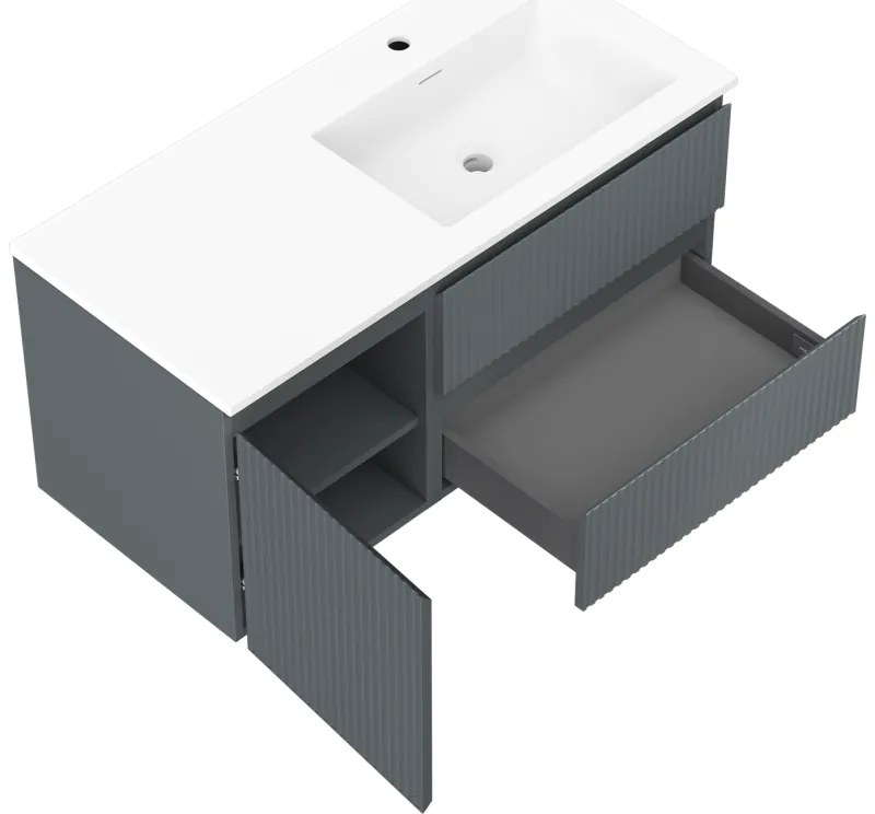 Mexen Rivel, kúpeľňová skrinka 100 cm s pravým umývadlom Otis, 2S, 1D, drážkovaná, grafitová/biela matná, 91A23-10047-3-BBFFF66-W18P01