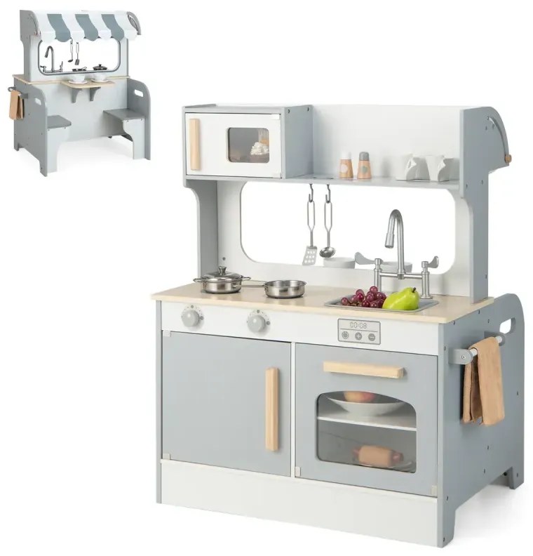 Detská kuchynka 2 v 1 s reštauráciou na varenie a servírovanie, detská kuchynka s príslušenstvom, sivá