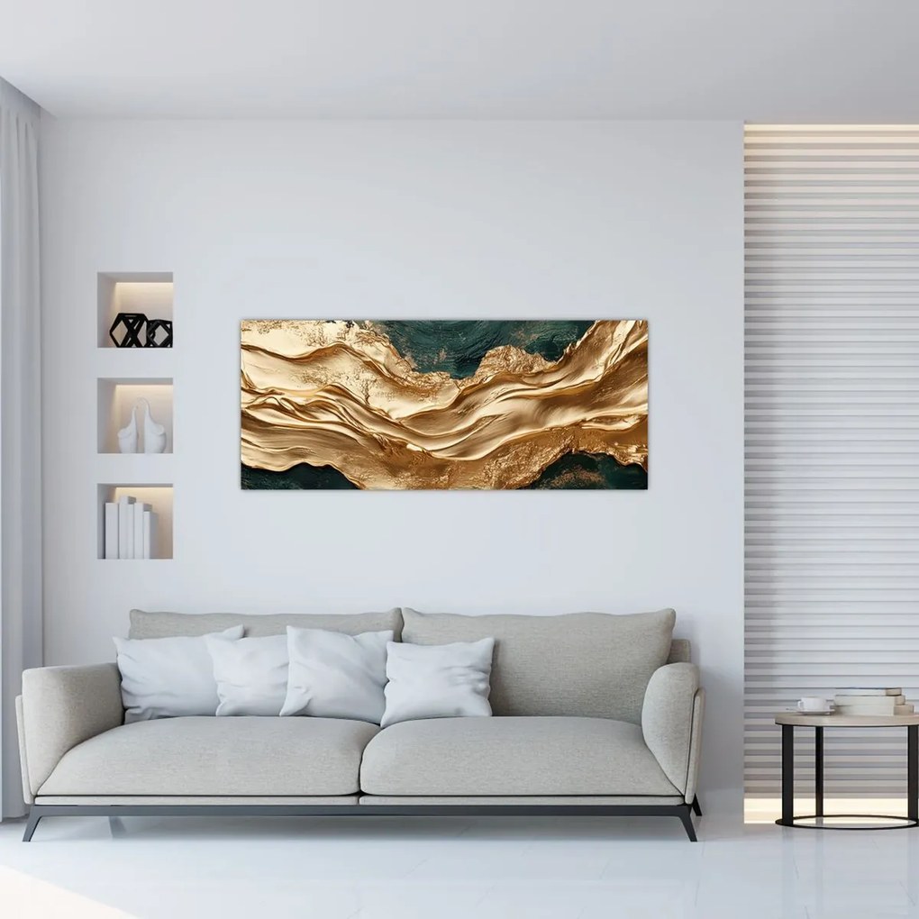 Obraz - Zelená abstrakcia so zlatom II. (120x50 cm)