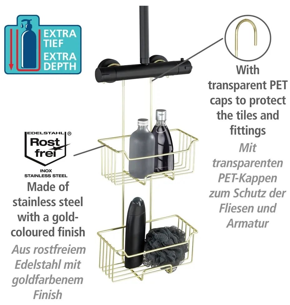 Závesná kúpeľňová polička z nehrdzavejúcej ocele v zlatej farbe Milo – Wenko