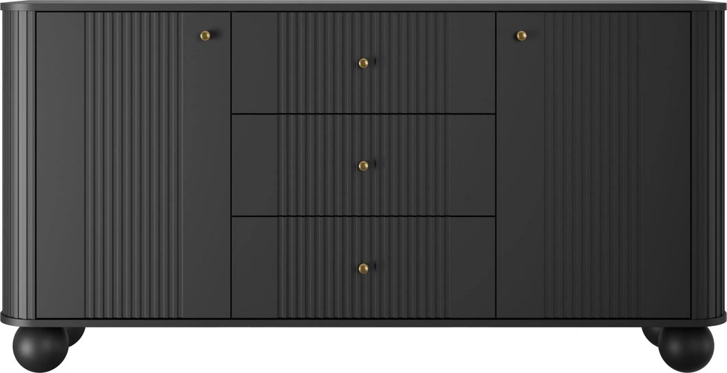 Komoda Vesper 160 cm so zásuvkami na guľatých nohách - čierna / zlaté úchytky / guľaté nohy