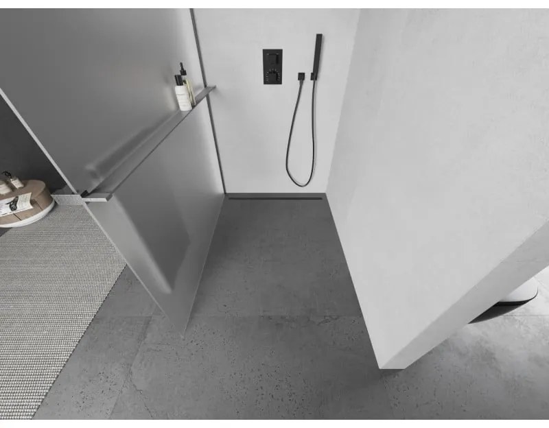 Mexen Kioto+ L, sprchová zástena Walk-In s poličkou a vešiakom 110 x 200 cm, 8mm sklo námraza, grafitový profil, 800-110-123-66-30