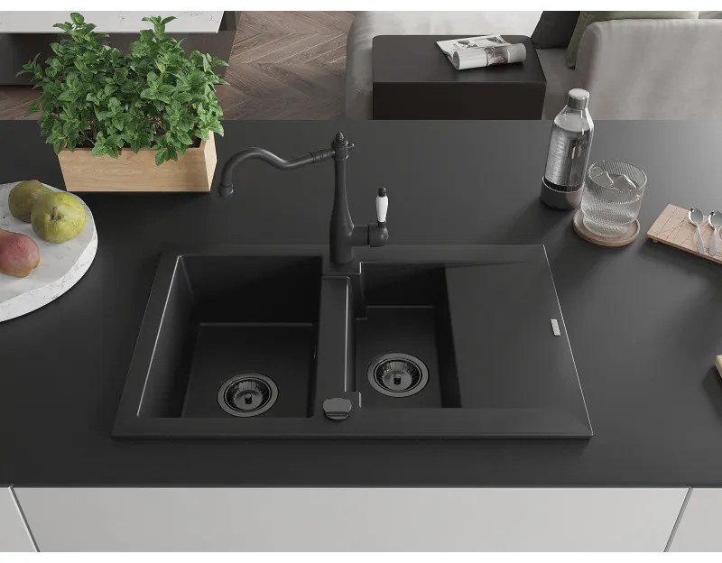 Mexen Gaspar, granitový drez 752x436x161 mm, 1,5-komorový a drezová batéria Carla, čierna, 6507-77-670700-70-B