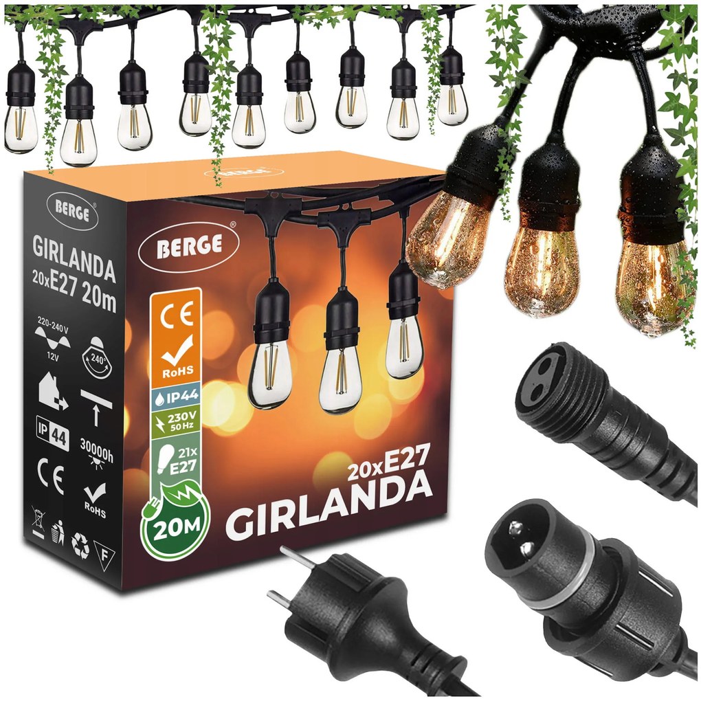 BERGE Záhradné svetlo Garland 20m +21x LED žiarovka 1W Vonkajšia vodeodolná