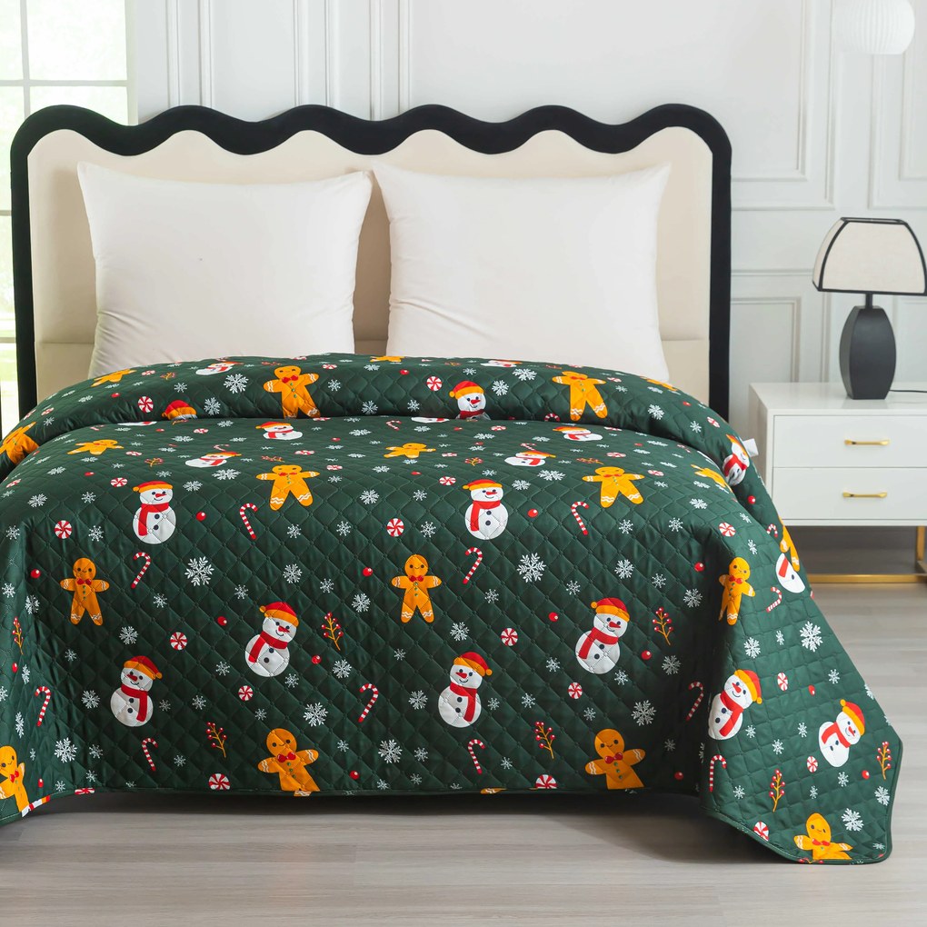 Prehoz na posteľ SNOWMAN AND GINGERBREAD, zelený Rozmer: 170 x 210 cm