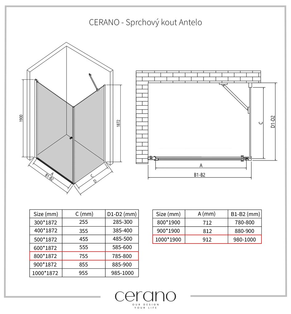 Cerano Antelo, 1-krídlový sprchovací kút 100(dvere) x 80(stena) x 190 cm, 6mm číre sklo, chrómový profil, CER-CER-433326