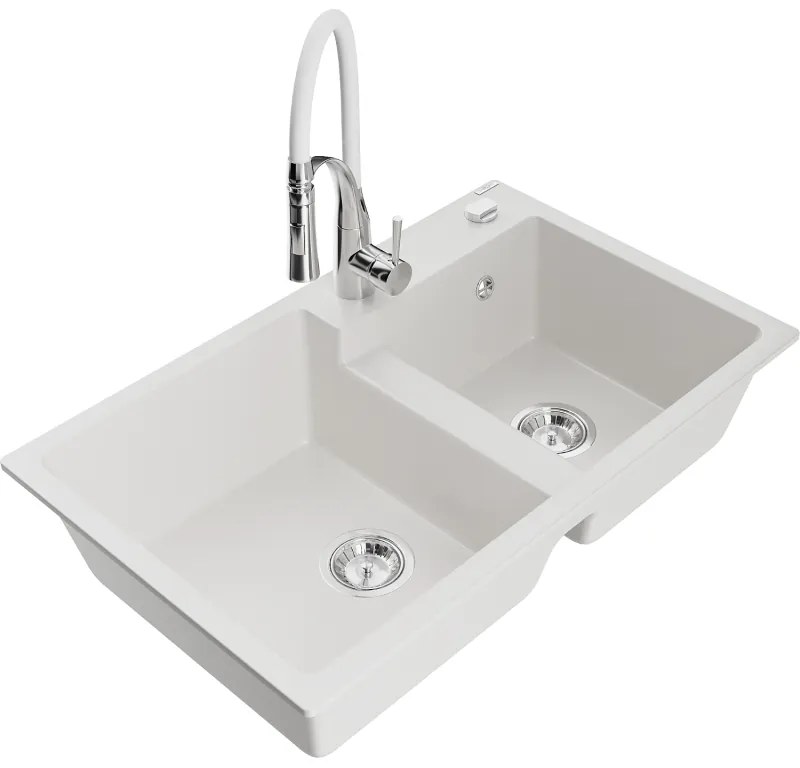 Mexen Tomas, 2-komorový granitový drez 800x500x190 mm a drezová batéria Aster, biela, 6516-20-73450-02