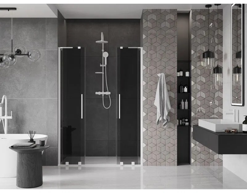 Mexen Velar L Duo, posuvné sprchové dvere do otvoru 160 cm, 8mm šedé sklo, biela matná, 871-160-003-42-20