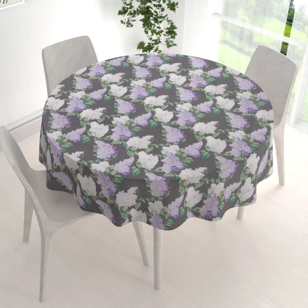 Biante Bavlnený okrúhly obrus Sandra SA-384 Kvety orgovánu na sivom Ø 40 cm
