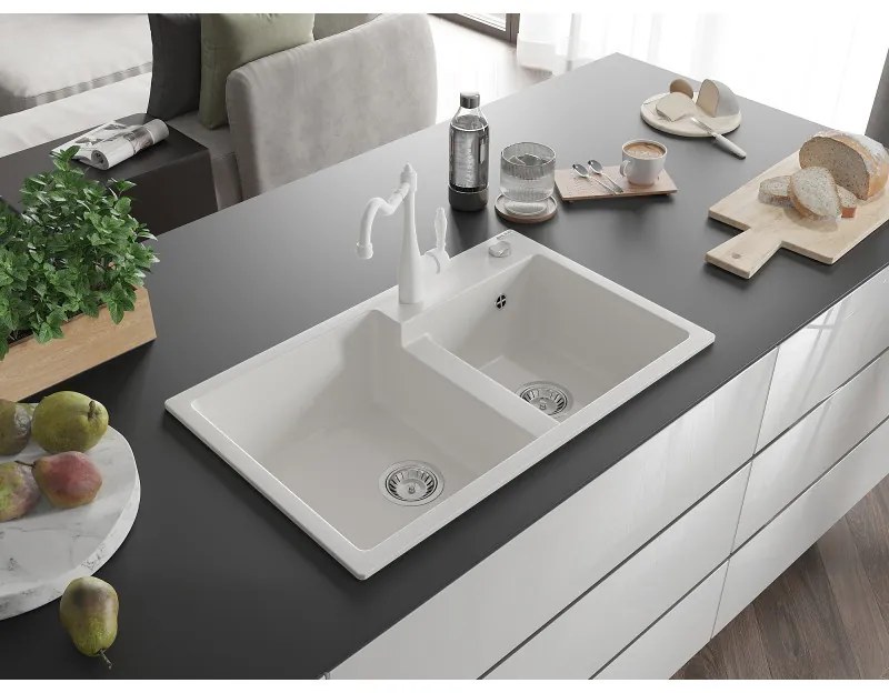 Mexen Tomas, granitový drez 800x500x190 mm, 2-komorový a drezová batéria Carla, biela, 6516-20-670700-20