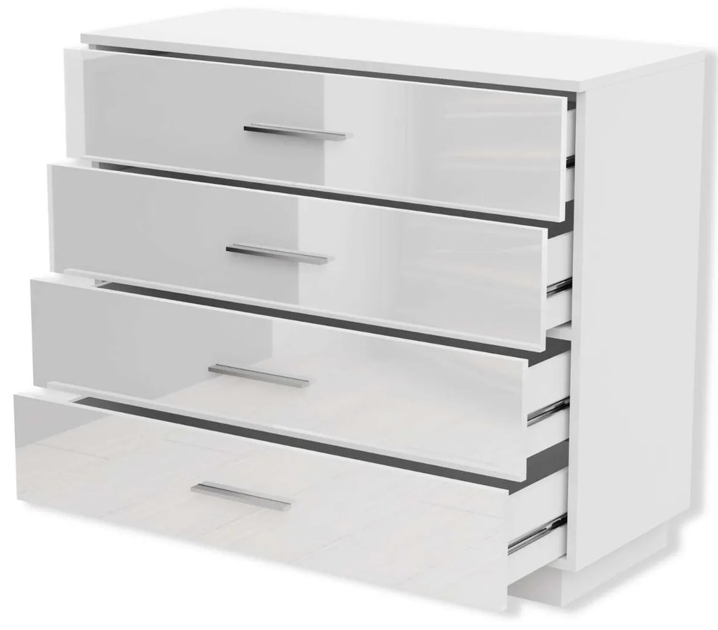 KOMODA MARION STRIEBORNÉ ÚCHYTKY LED BIELA VYSOKÝ LESK 95 cm
