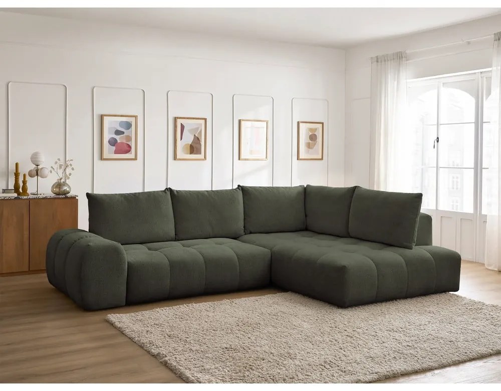 Zelená ženilková rozkladacia/s úložným priestorom rohová pohovka (pravý roh/do L) Everest – Bobochic Paris