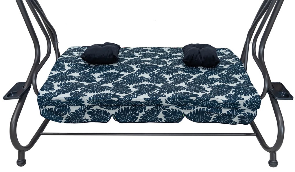 Záhradná hojdačka so strieškou, skladacia 2x1 so vzorom listov, námornícka modrá