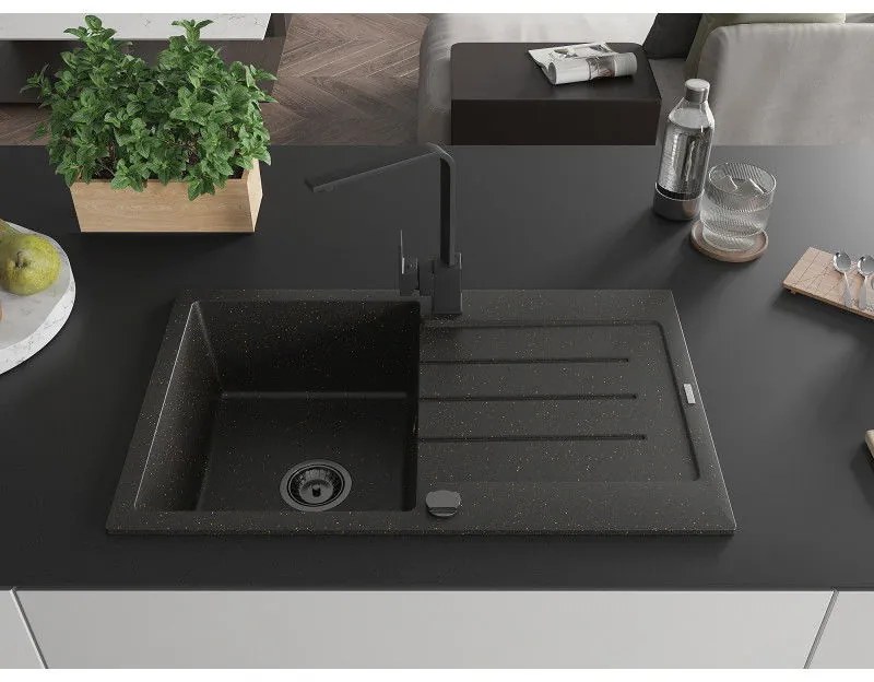 Mexen Bruno, drez granitový 795x495x200 mm, 1-komorový, čierna-zlatá metalíza s čiernym sifónom a čierna drezová batéria Rita, 6513-75-670300-70-B