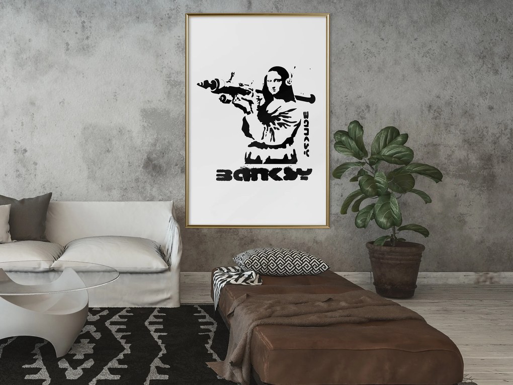 Artgeist Plagát - Mona Lisa with a Bazooka [Poster] Veľkosť: 30x45, Verzia: Čierny rám s passe-partout