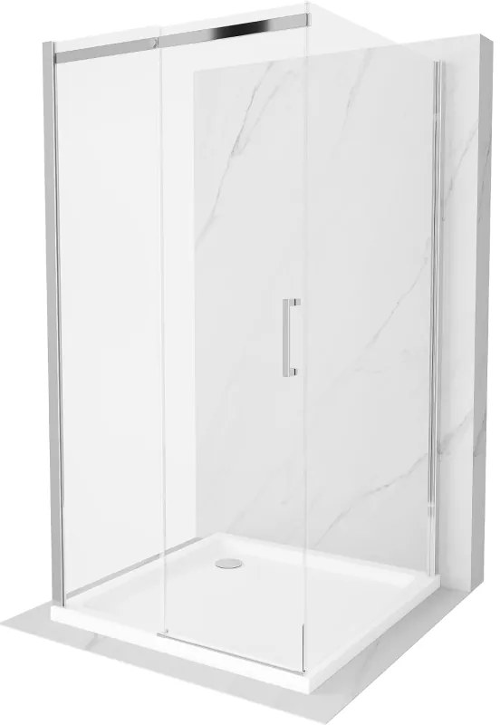 Mexen Omega, 3-stenový sprchovací kút s posuvnými dverami 100 (dvere) x 100 (stena) x 190 cm, 8mm číre sklo, chrómový profil + biela sprchová vanička SLIM, 825-100-100-01-00-3s-4010