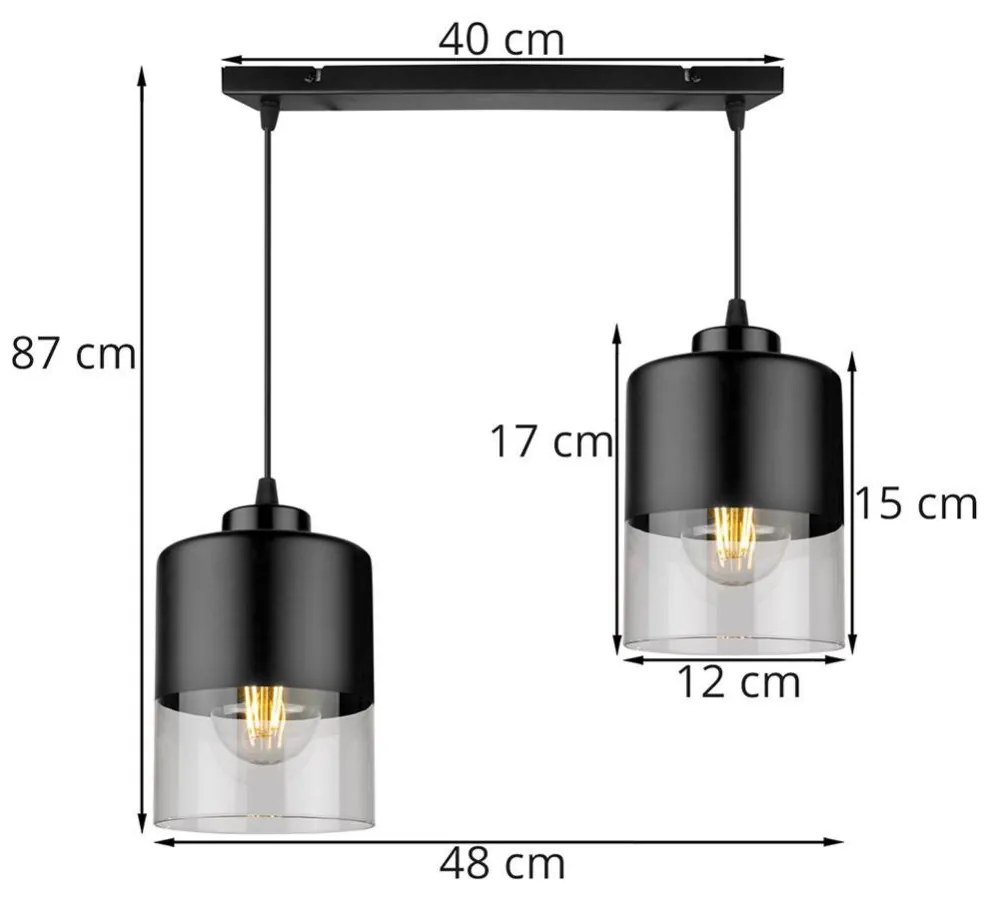 Závesné svietidlo ROMA, 2x čierne/transparentné sklenené tienidlo