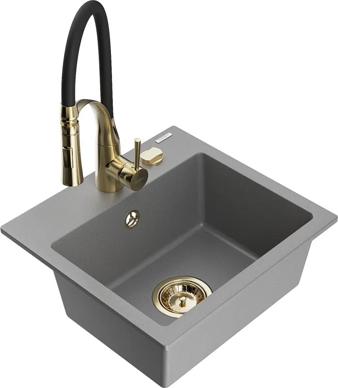 Mexen Milo, 1-komorový granitový drez 435x410x171 mm a drezová batéria Aster, šedá, 6505-71-73450-57-G