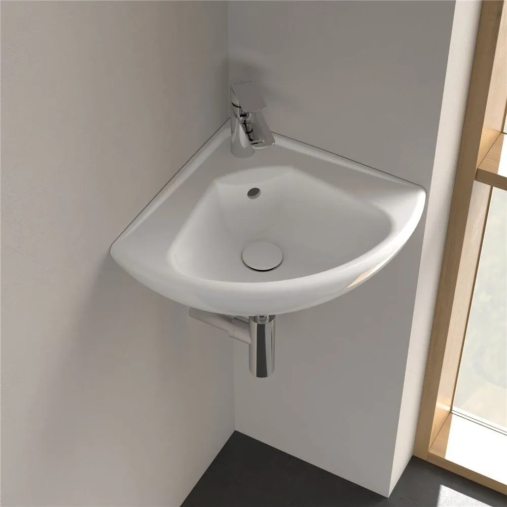 VILLEROY &amp; BOCH O.novo Compact rohové závesné umývadielko s otvorom, s prepadom, 550 x 450 mm, biela alpská, s povrchom CeramicPlus, 732740R1