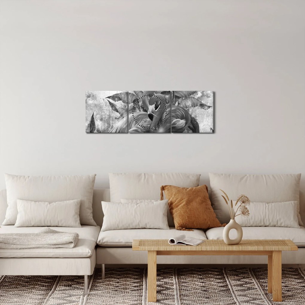 Obraz - Plameniaky graffiti (s hodinami) (90x30 cm)