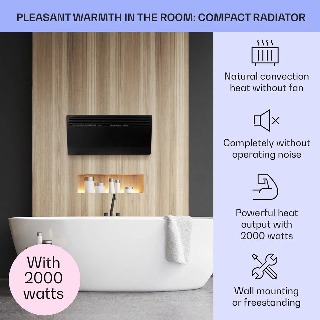 Klarstein Hot Spot Slimcurve, konvektor, ohrievač, 80 x 40 cm, 40 m², 2000 W, 5 - 40 °C, IP24, čierny