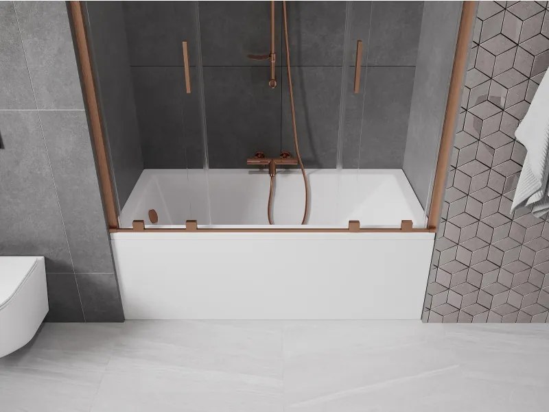 Mexen Velar Duo, 2-krídlová posuvná vaňová zástena 150 x 150 cm, 8mm číre sklo, medený matný profil, 896-150-000-02-65